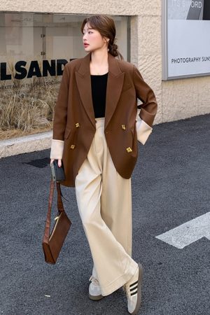 Coffee-Colored Petite Women's Suit Jacket - Casual Versatile Blazer for Spring 2025, Trendy Layering Piece