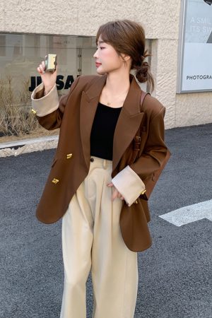 Coffee-Colored Petite Women's Suit Jacket - Casual Versatile Blazer for Spring 2025, Trendy Layering Piece