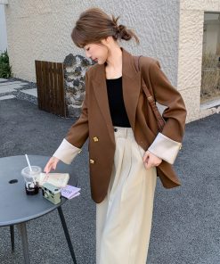 Coffee-Colored Petite Women's Suit Jacket - Casual Versatile Blazer for Spring 2025, Trendy Layering Piece