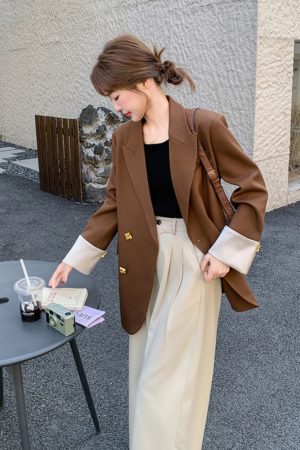 Coffee-Colored Petite Women's Suit Jacket - Casual Versatile Blazer for Spring 2025, Trendy Layering Piece