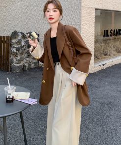 Coffee-Colored Petite Women's Suit Jacket - Casual Versatile Blazer for Spring 2025, Trendy Layering Piece
