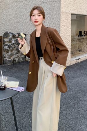 Coffee-Colored Petite Women's Suit Jacket - Casual Versatile Blazer for Spring 2025, Trendy Layering Piece