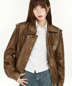 Coffee-Colored Short Leather Jacket for Women - 2025 Spring American Style with Chic Harbor Vibe and High-End PU Leather Finish