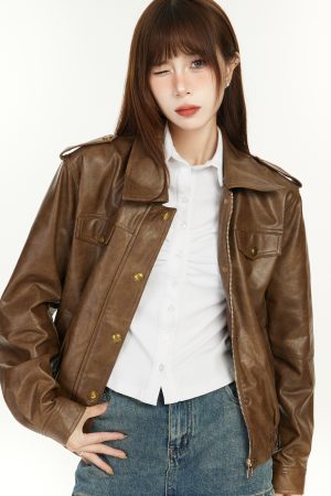 Coffee-Colored Short Leather Jacket for Women - 2025 Spring American Style with Chic Harbor Vibe and High-End PU Leather Finish