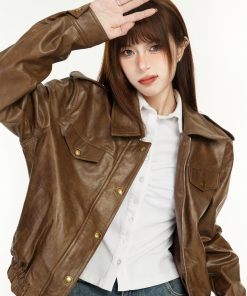 Coffee-Colored Short Leather Jacket for Women - 2025 Spring American Style with Chic Harbor Vibe and High-End PU Leather Finish