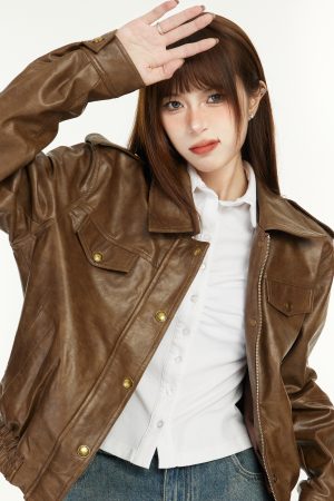 Coffee-Colored Short Leather Jacket for Women - 2025 Spring American Style with Chic Harbor Vibe and High-End PU Leather Finish