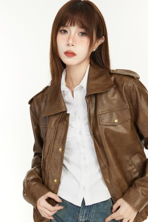 Coffee-Colored Short Leather Jacket for Women - 2025 Spring American Style with Chic Harbor Vibe and High-End PU Leather Finish