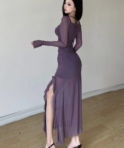 Collared Long Sleeve Outfit, Soft Modest Outfits - Mesh Split Midi Dress