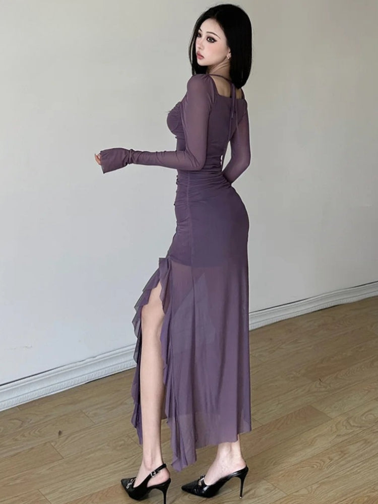 Collared Long Sleeve Outfit, Soft Modest Outfits - Mesh Split Midi Dress Collared Long Sleeve Outfit, Soft Modest Outfits - Mesh Split Midi Dress