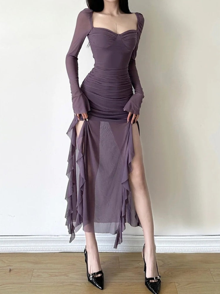 Collared Long Sleeve Outfit, Soft Modest Outfits - Mesh Split Midi Dress Collared Long Sleeve Outfit, Soft Modest Outfits - Mesh Split Midi Dress