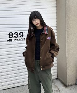 Collared Plaid Color-Block Embroidered Vintage Jacket for Men and Women, Spring Autumn Couple Top, Y2K National Trend Fashion