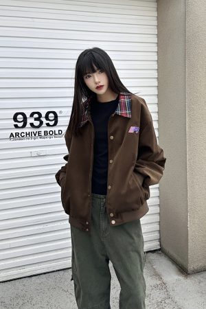 Collared Plaid Color-Block Embroidered Vintage Jacket for Men and Women, Spring Autumn Couple Top, Y2K National Trend Fashion