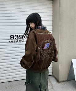 Collared Plaid Color-Block Embroidered Vintage Jacket for Men and Women, Spring Autumn Couple Top, Y2K National Trend Fashion