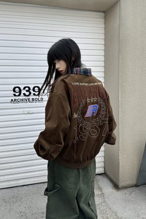 Collared Plaid Color-Block Embroidered Vintage Jacket for Men and Women, Spring Autumn Couple Top, Y2K National Trend Fashion