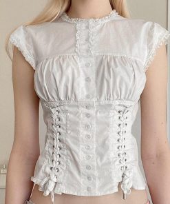 College Outfits Basic, Cute Fits For College - Coquette Cap Sleeve Lace Up Top