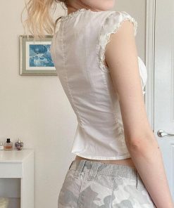 College Outfits Basic, Cute Fits For College - Coquette Cap Sleeve Lace Up Top