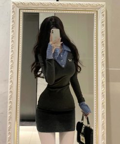 College Style Patchwork Faux Two-Piece Knitted Dress for Women - Waist-Cinching Bodycon Fit, Elegant Short Skirt for Spring Fashion