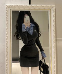 College Style Patchwork Faux Two-Piece Knitted Dress for Women - Waist-Cinching Bodycon Fit, Elegant Short Skirt for Spring Fashion