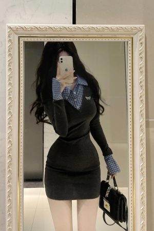 College Style Patchwork Faux Two-Piece Knitted Dress for Women - Waist-Cinching Bodycon Fit, Elegant Short Skirt for Spring Fashion