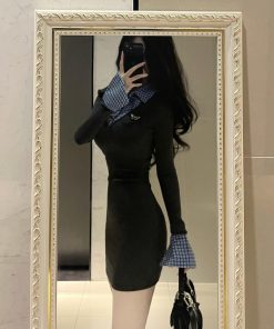 College Style Patchwork Faux Two-Piece Knitted Dress for Women - Waist-Cinching Bodycon Fit, Elegant Short Skirt for Spring Fashion
