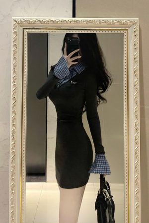 College Style Patchwork Faux Two-Piece Knitted Dress for Women - Waist-Cinching Bodycon Fit, Elegant Short Skirt for Spring Fashion