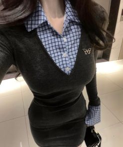 College Style Patchwork Faux Two-Piece Knitted Dress for Women - Waist-Cinching Bodycon Fit, Elegant Short Skirt for Spring Fashion