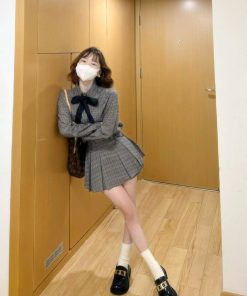 College Style Patterned Dress Set for Women - Loose Cardigan Coat & Pleated Short Skirt - Casual Two-Piece Outfit for Autumn/Winter