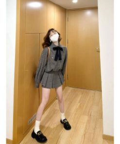 College Style Patterned Dress Set for Women - Loose Cardigan Coat & Pleated Short Skirt - Casual Two-Piece Outfit for Autumn/Winter