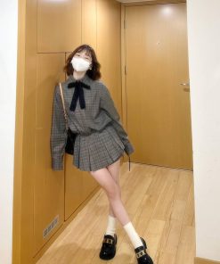 College Style Patterned Dress Set for Women - Loose Cardigan Coat & Pleated Short Skirt - Casual Two-Piece Outfit for Autumn/Winter