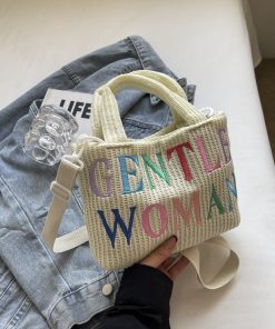 Color-Block Casual Knitted Tote Shoulder Bag with Embroidered 'Gentle Woman' - Trendy 2025 Fashion Accessory