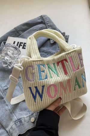 Color-Block Casual Knitted Tote Shoulder Bag with Embroidered 'Gentle Woman' - Trendy 2025 Fashion Accessory