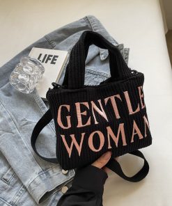 Color-Block Casual Knitted Tote Shoulder Bag with Embroidered 'Gentle Woman' - Trendy 2025 Fashion Accessory