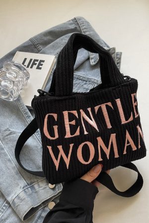 Color-Block Casual Knitted Tote Shoulder Bag with Embroidered 'Gentle Woman' - Trendy 2025 Fashion Accessory