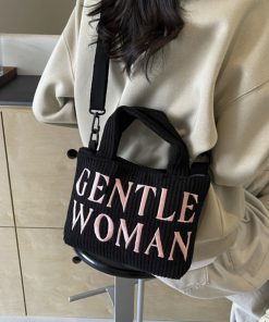 Color-Block Casual Knitted Tote Shoulder Bag with Embroidered 'Gentle Woman' - Trendy 2025 Fashion Accessory