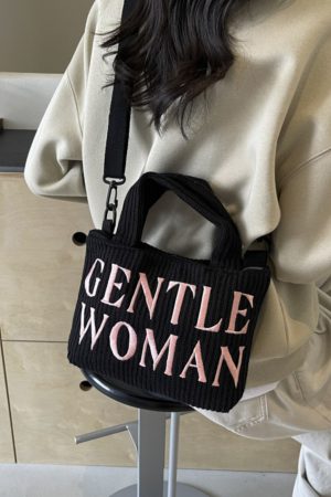 Color-Block Casual Knitted Tote Shoulder Bag with Embroidered 'Gentle Woman' - Trendy 2025 Fashion Accessory