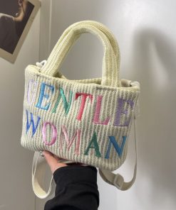 Color-Block Casual Knitted Tote Shoulder Bag with Embroidered 'Gentle Woman' - Trendy 2025 Fashion Accessory