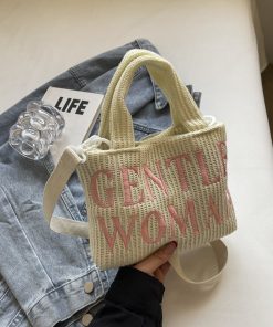 Color-Block Casual Knitted Tote Shoulder Bag with Embroidered 'Gentle Woman' - Trendy 2025 Fashion Accessory