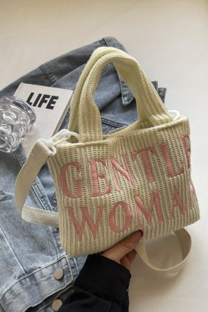 Color-Block Casual Knitted Tote Shoulder Bag with Embroidered 'Gentle Woman' - Trendy 2025 Fashion Accessory