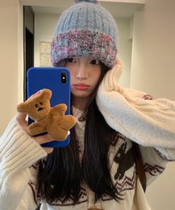 Color-Block Gradient Knitted Hat for Women - Cute Face-Shaping Warm Ear Protection for Autumn Winter, Large Head Wrap Style