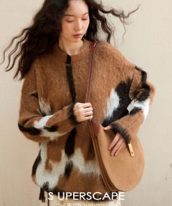 Color Block Jacquard Long Sleeve Knit Sweater Top in Alpaca Wool - Loose Fit Round Neck for Y2K & Korean Style Fashion