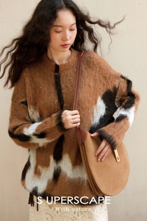 Color Block Jacquard Long Sleeve Knit Sweater Top in Alpaca Wool - Loose Fit Round Neck for Y2K & Korean Style Fashion