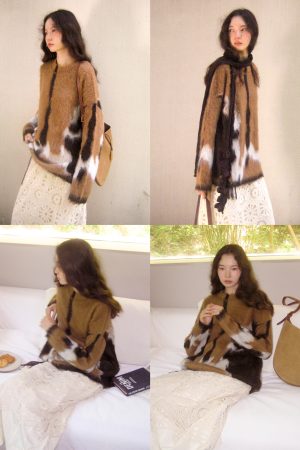 Color Block Jacquard Long Sleeve Knit Sweater Top in Alpaca Wool - Loose Fit Round Neck for Y2K & Korean Style Fashion