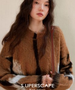 Color Block Jacquard Long Sleeve Knit Sweater Top in Alpaca Wool - Loose Fit Round Neck for Y2K & Korean Style Fashion