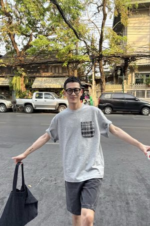 Color Block Knitted Pocket Short Sleeve T-Shirt for Men - Summer Casual Korean Style Niche Design