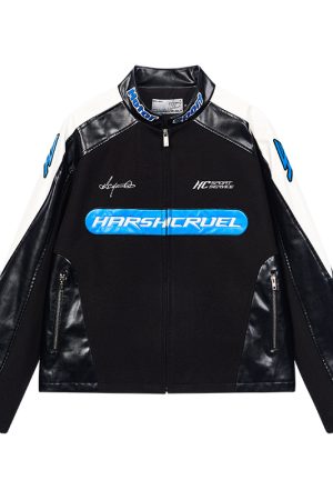 Color-Block Leather Patchwork Racing Jacket - Short Padded Motorcycle Style for Edgy Fashion Lovers