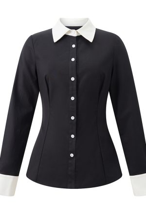 Color-Block Long-Sleeve Slim-Fit Shirt for Women - Tencel Cotton Blend, Waist-Cinching Design for Autumn & Winter Fashion