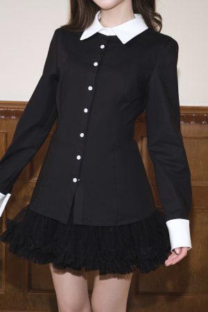 Color-Block Long-Sleeve Slim-Fit Shirt for Women - Tencel Cotton Blend, Waist-Cinching Design for Autumn & Winter Fashion