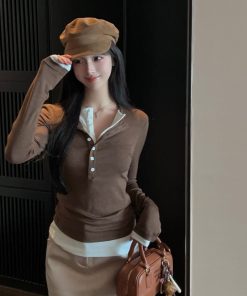 Color Block Long Sleeve T-Shirt for Women - Slim Fit V-Neck Fake Two-Piece Autumn Winter Top - Stylish Casual Layering Essential