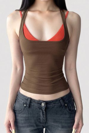 Color Block Low-Cut Cami Set - American Vintage Style Summer Sexy Waist-Cinching Two-Piece Top for Women