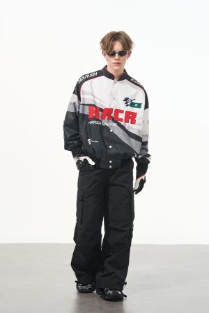 Color-Block Motorcycle Racing Jacket - American Style, Trendy 90s Fashion, Edgy Biker Look, Perfect for Casual Outings